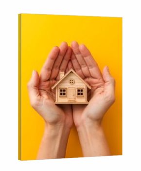a person's hand protecting a miniature wooden house against a vibrant yellow background, symbolizing home and security