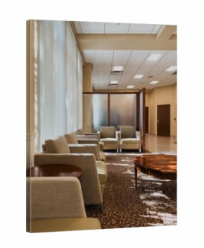 Modern medical center waiting room interior with neutral tones, upholstered seating, frosted glass divider, and natural light