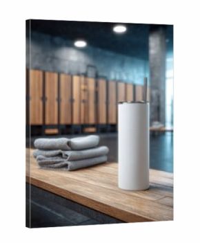 Modern Gym Interior with Tumbler and Towels on Wooden Bench