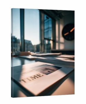 Close-up of magazine featuring TIME on desk with natural light and city view through large windows