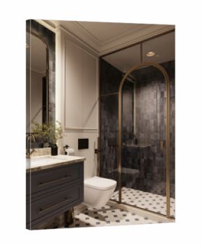 Modern bathroom with glass shower, elegant tile flooring, and warm lighting in contemporary interior design.