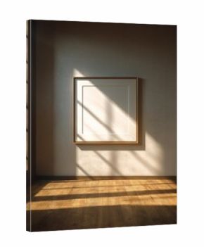 A white framed picture is hanging on a wall