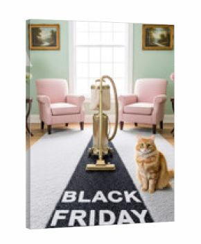 Black friday sales concept with vintage vacuum cleaner cleaning away a black stripe on a white carpet with an orange cat watching