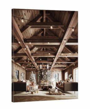 Cozy rustic living room decorated for Christmas with warm string lights, a beautifully adorned Christmas tree, and elegant holiday wreath. 3D Rendering, 3D Illustration 