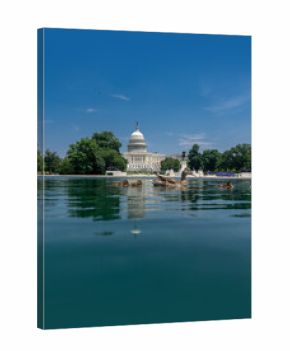 Ducks swim near the Capitol landmark. Capitol building. The House and Senate. Capitol Reflecting Pool in Washington, DC. Iconic Capitol Building. Historic symbol of American democracy.