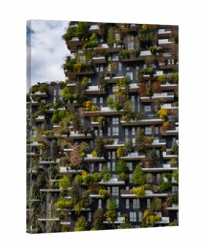 Green building with trees represents modern architecture in Milan. Bosco Verticale skyscraper. Sustainable architecture. Vertical forest tower in Italy. Modern apartments by greenery.