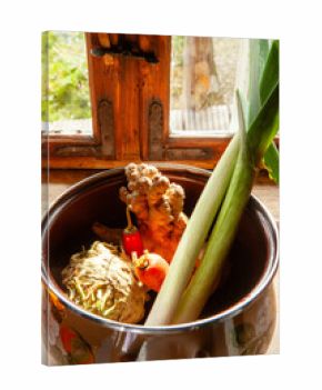 vegetable in retro pot for making broth