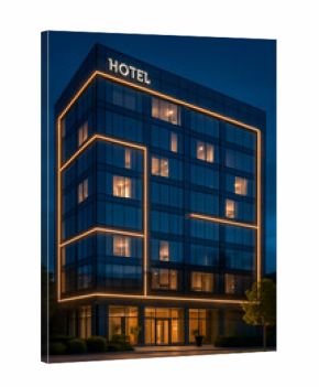Modern hotel building illuminated at night with stylish lighting