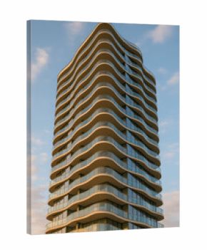 Modern wavy architectural building against a sunset sky