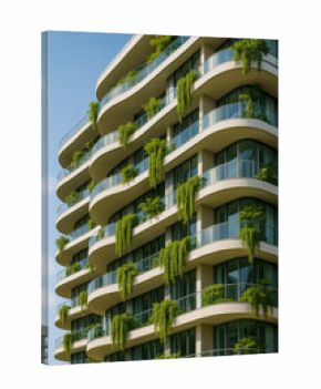 Modern apartment building with lush greenery and balconies