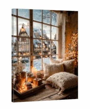 Enchanting winter window scene with pink blossoms, candles, and warm light in a cozy room