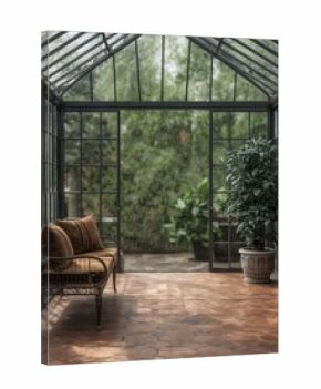 Elegant sunroom interior with vintage furniture and lush greenery, a serene retreat space.