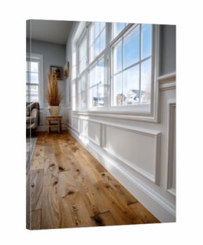 Interior wall with fresh neutral paint and new wainscoting in soft natural light