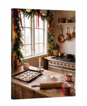 Cozy kitchen scene with festive decorations, baking cookies on wooden countertop, flour scattered, and warm ambiance creating a joyful holiday atmosphere