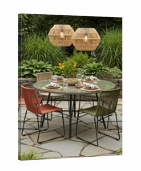 Modern outdoor dining set with rattan lamps in garden