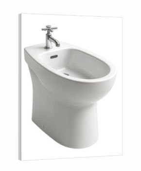 A floor-mounted bidet with a high rim and built-in air dryer, perfect for modern
