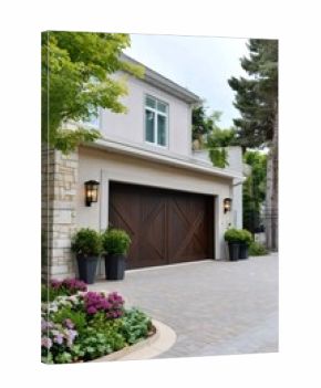 Suburban luxury home exterior with impressive garage door
