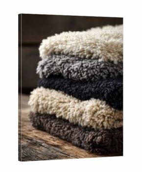 Plush Towels Stacked Neatly in Warm, Earthy Tones on a Rustic Wooden Surface