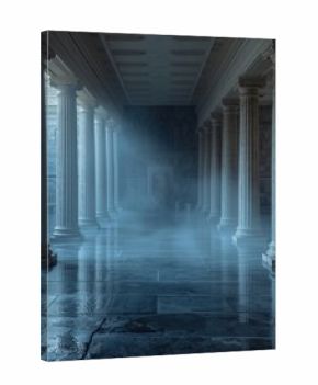 Mysterious Ancient Greek Colonnade bathed in ethereal light and swirling mist