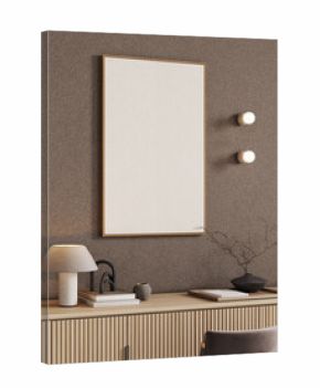 Vertical wooden frame mockup on brown  wall background and wooden console, 3d rendering