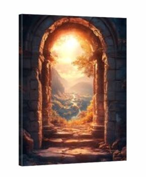 Mystical Portal: Ancient Stone Archway Leading to a Sunlit Valley Vista