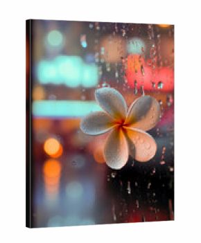 A flower with droplets of water on it seen through a window with city lights in the background