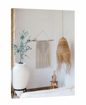 Bohemian decor natural woven pendant light macrame wall hanging large vase and potted plant