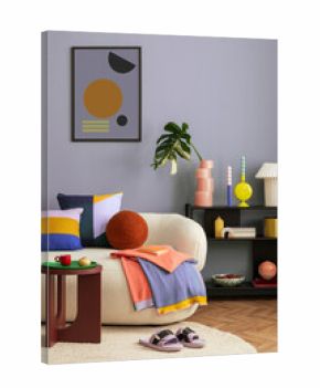 Interior desgin of modern living room interior with mock up poster frame, colorful decorations and accessories, plants, sofa, coffee table. Blue wall. Home decor. Template