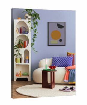 Interior desgin of modern living room interior with mock up poster frame, colorful decorations and accessories, plants, sofa, coffee table. Blue wall. Home decor. Template