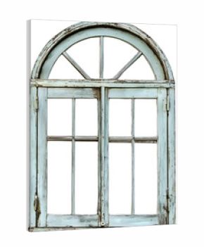 Antique arched window with wooden panels isolated. Perfect for heritage decor, rustic mockups, and classic interior compositions.