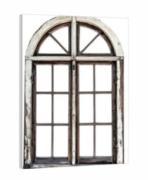Old wooden arched window frame isolated on transparent background. Ideal for rustic interior mockups and architectural design elements.