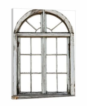 Old wooden arched window frame isolated on transparent background. Ideal for rustic interior mockups and architectural design elements.