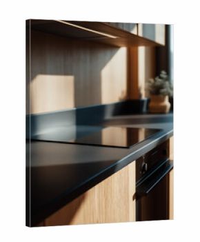 Modern Kitchen Interior with Black Countertop and Wood Accents: Minimalist Design Featuring Natural Light, Stylish Appliances, and Contemporary Home Decor