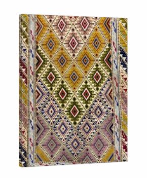 Vibrant close-up of intricate, traditional geometric carpet pattern.