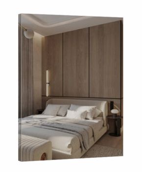 Modern bedroom with warm wood wall panels, soft textiles, and minimalist lighting creating a calm luxury interior.