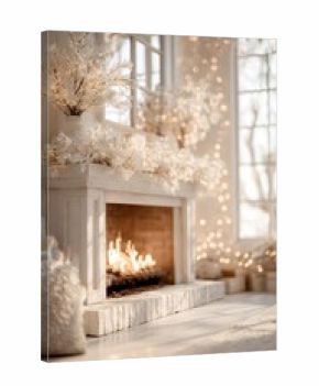 Warm fireplace burning in a living room decorated with winter plants and glowing fairy lights, creating a festive holiday atmosphere