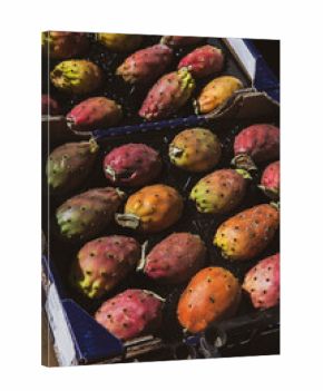 Tray of prickly pear fruit at Italian outdoor market