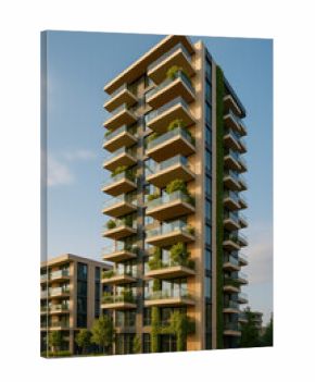Modern residential building with balconies and greenery in urban setting