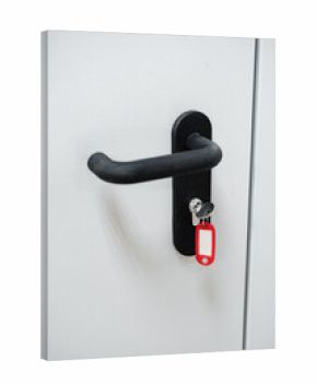 Key hanging on a red tag attached to a black door handle on a plain white door in a modern setting