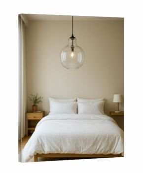 Cozy bedroom with white bedding and stylish pendant light