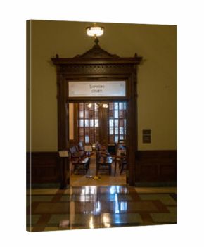 Archways and wooden door to Chamber and courtroom of the Supreme Court in the Texas State Capitol in Austin