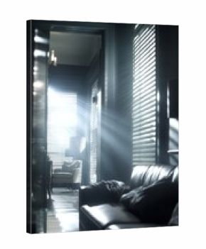Sunlight beams pouring through venetian blinds into a dark, moody room