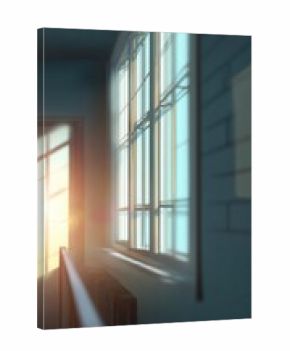 Sunlight beams entering a room through a window with shadows on the wall