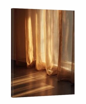 Sunlight streams through sheer curtains, casting warm golden stripes on the floor. Concept Golden hour light, Sunbeam patterns, Sheer curtains, Warm ambient tones, Indoor floor shadows