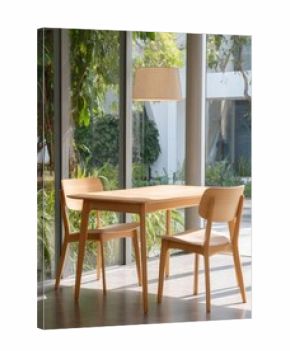 A light wooden dining table with two matching chairs in a sunlit glass-walled room. Concept Light Wood Dining, Pair of Chairs, Sunlit Interior, Glass-Walled Room, Minimalist Dining