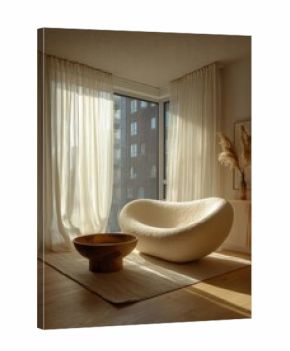Sunlit minimalist living room with a curved white textured chair, a round wooden bowl, pale rug, and pampas grass by large windows. Concept Sunlit minimalist living room