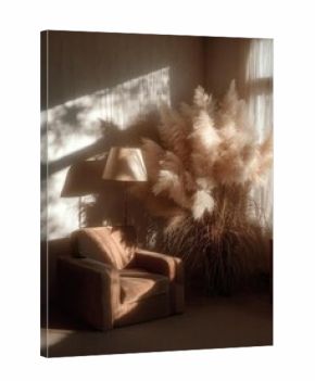Sunlit cozy corner: beige armchair, tall floor lamp, and a large fluffy pampas grass arrangement by the window. Concept Sunlit cozy corner, Neutral beige interior, Pampas grass decor