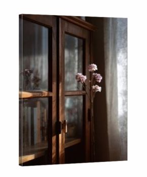 A wooden glass-front cabinet with books inside sits by a sunlit window  a pink flower stem stands in front. Concept Sunlit wood cabinet with books, Pink flower stem foreground