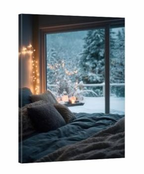 Cozy bedroom with pillows and blankets, warm string lights along the wall, and a snowy winter scene outside the large window. Concept Cozy bedroom with plush pillows, soft blankets, and Hygge vibes