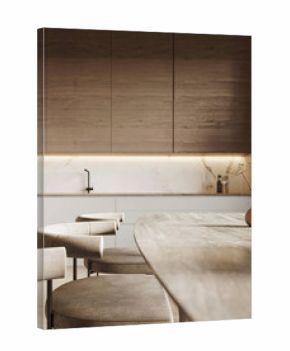 Minimalist still life with dried wildflowers in a ceramic vase on a stone countertop, set in a warm modern kitchen interior with soft natural light.